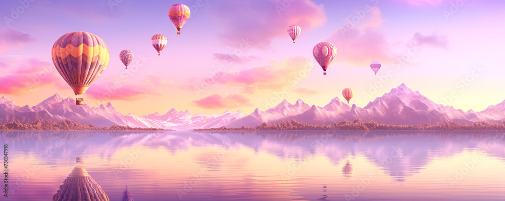 Obraz premium Calming wallpaper with hot air balloons on pink morning sky and mountain lake background. AI generated illustration.