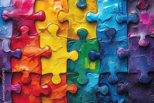 A close-up of a colorful jigsaw puzzle with a rainbow of pieces. photo