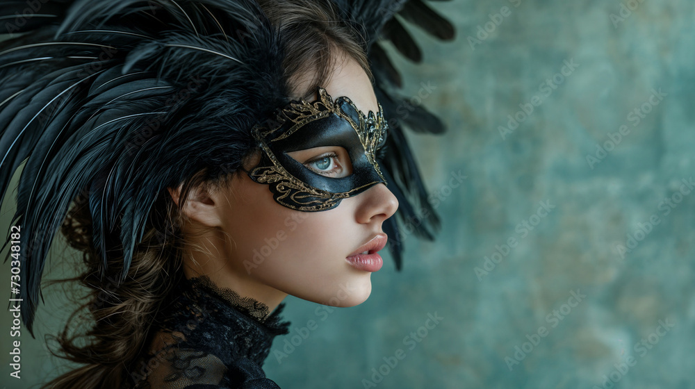 Obraz premium Mysterious woman with a black feathered mask, side profile against a textured background with copy space