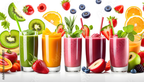 Top view of healthy fresh fruit and vegetable smoothies with various ingredients served in glass glasses with straws isolated on white background 