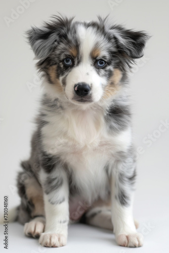 A small black, white and tan puppy sits on a white floor in front of a white background.
