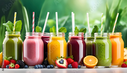 Top view of healthy fresh fruit and vegetable smoothies with various ingredients served in glass glasses with straws isolated on white background 