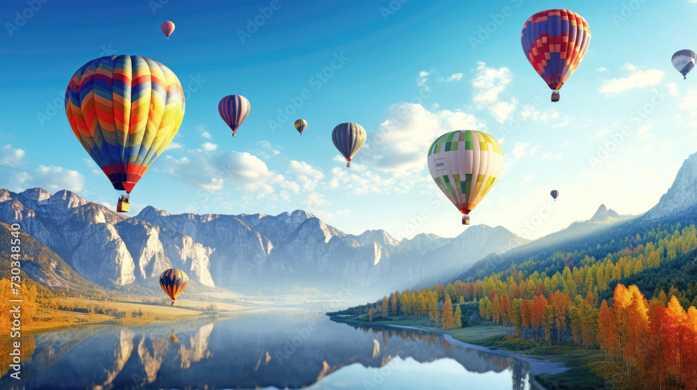 Fototapeta premium Hot air balloons on a blue morning sky, mountain lake and forest landscape background. Great mood and travel concept. AI generated illustration.