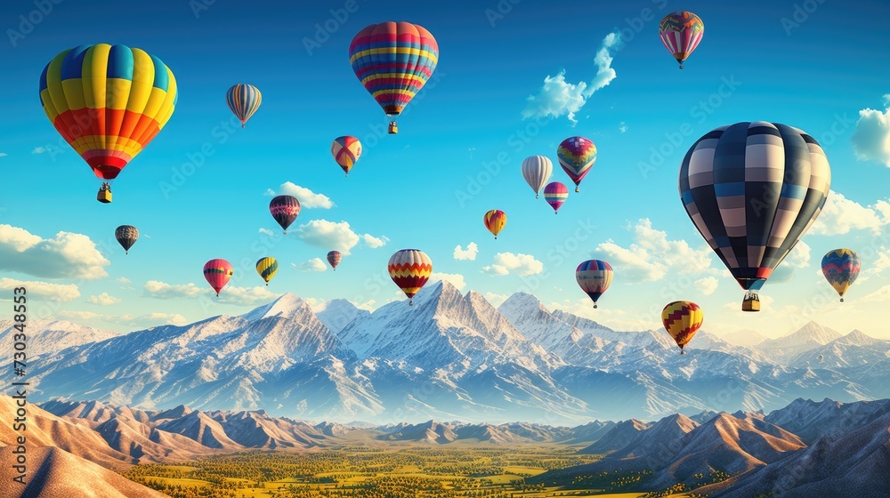 Obraz premium Hot air balloons on blue sky and mountain landscape background. Great mood and travel concept. AI generated illustration.