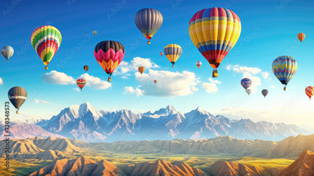 Obraz premium Hot air balloons on blue sky and mountain landscape background. Great mood and travel concept. AI generated illustration.