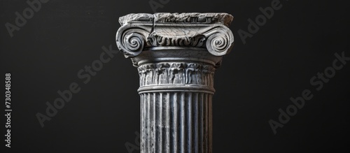 Replica of ancient column pillar against black backdrop.