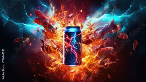 An exhilarating depiction of an energy drink, vibrant and electrifying, bursting with energy symbols like lightning bolts and vibrant colors
