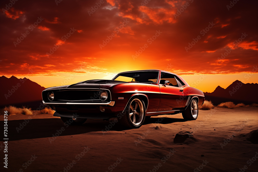 Dramatic shot of muscle car against backdrop of vibrant sunset. Generative AI