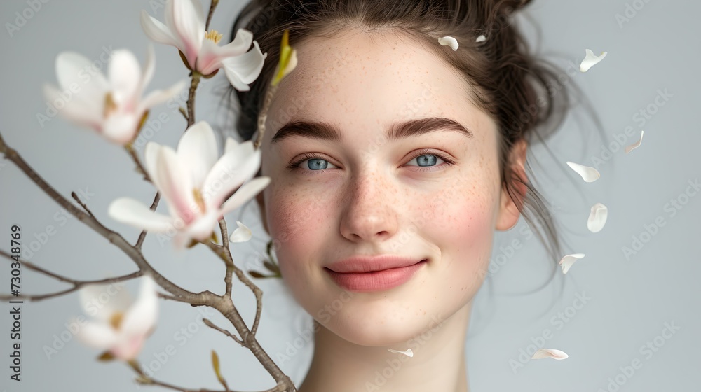 Young woman with a serene expression surrounded by white blossoms. fresh, natural beauty portrait, ideal for spring-themed projects. AI