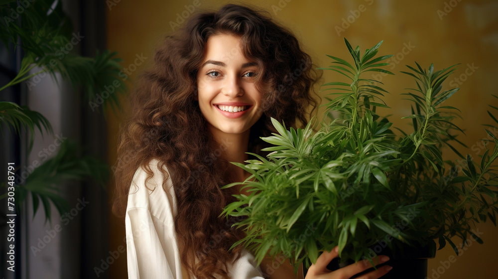 Woman gardener holding houseplant. Taking care about houseplants Woman gardener holding houseplant. Taking care about houseplants