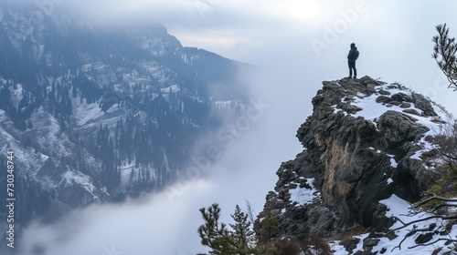 Man Standing at Summit, Admiring Majestic Winter Mountain Landscape © Matt
