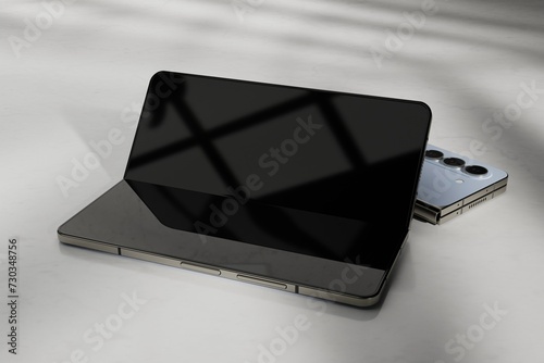 Foldable smartphone mockup with shadows overlay and screen reflection