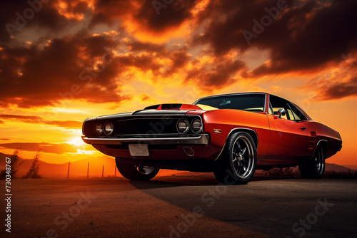 Dramatic shot of muscle car against backdrop of vibrant sunset. Generative AI © Nomad_Soul