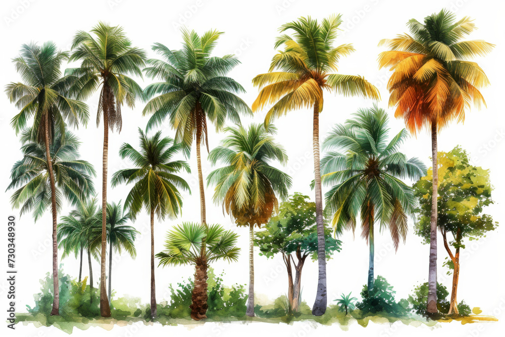 palm trees , Coconut trees in different stems photorealistic high quality isolated on white background