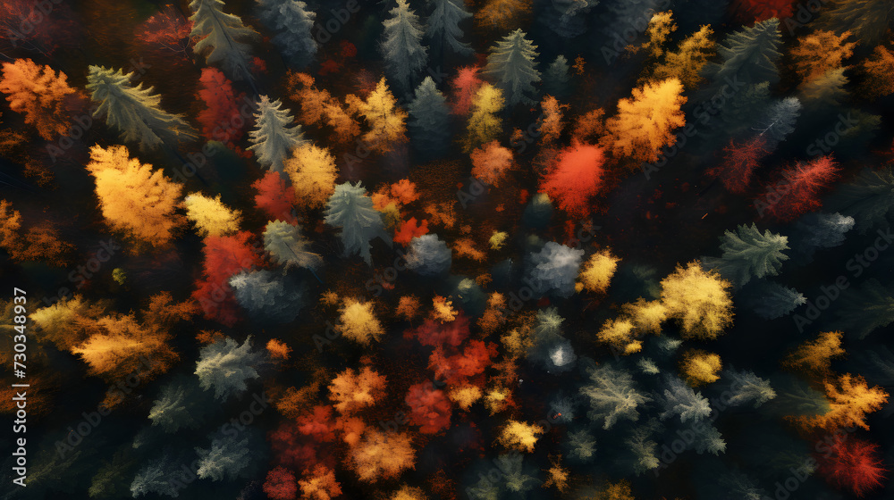 autumn leaves in the water,,
Bird's Eye View of Vibrant Autumn Forest