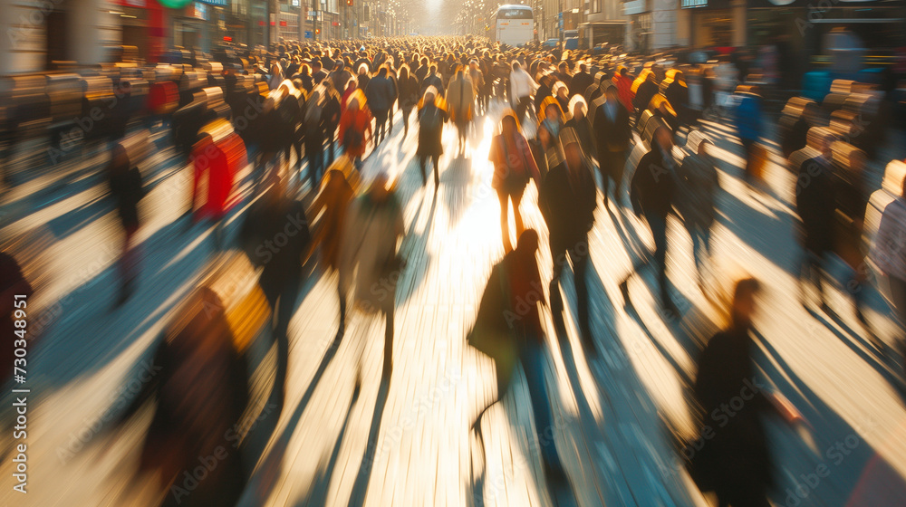 A huge crowd of people in the city rushes about their business during the day, selective focus