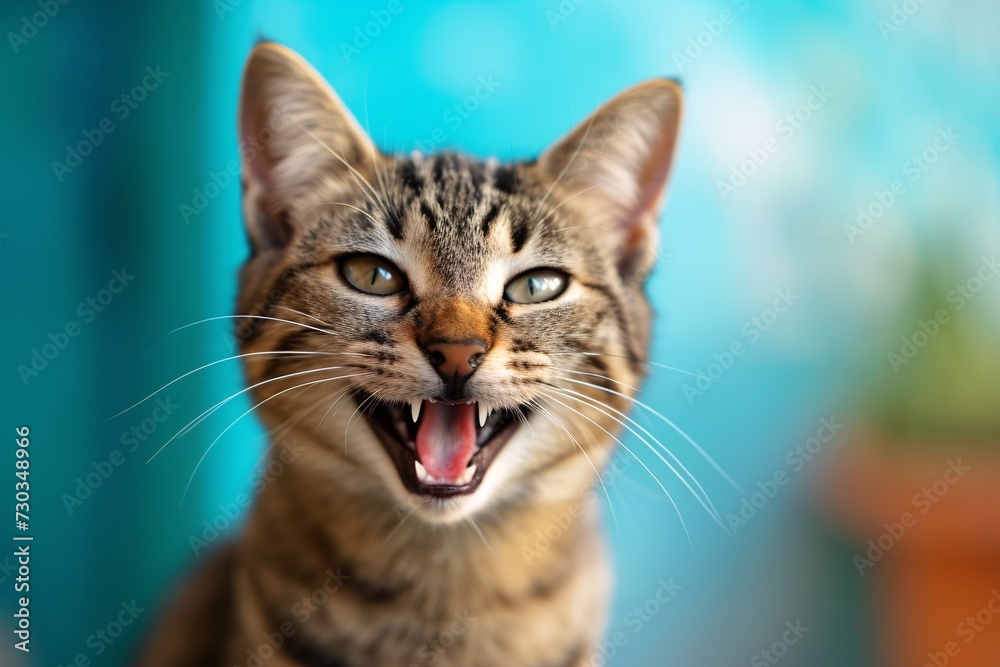 Beautiful kitten, sweetly smiling with joy. Sweet wallpaper, background colored brightly.