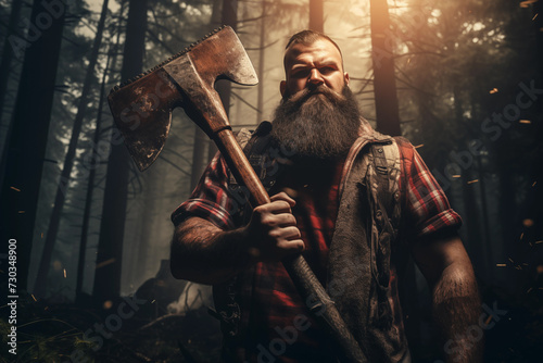 Lumberjack wielding axe, ready to chop wood amidst dense forest. Generative AI