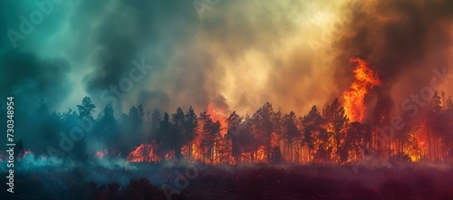 Intense wildfire raging through a forest at twilight. dramatic natural disaster scene captured in vibrant colors. ideal for editorial use. AI