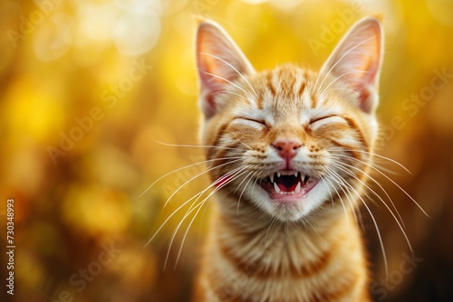 Spectacularly happy cat, fur colored brightly. Pretty background, spectacularly cuzy and cute.