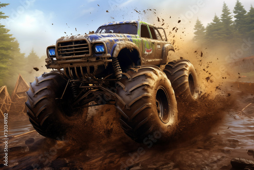 Big monster truck roaring through muddy obstacle course. Generative AI