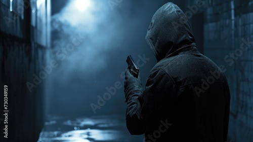Hidden threat: Back view of a man reaching and holding a gun, crime of kidnapping concept photo