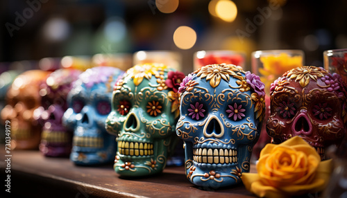 Day of the Dead celebration  colorful skulls, spooky decorations generated by AI