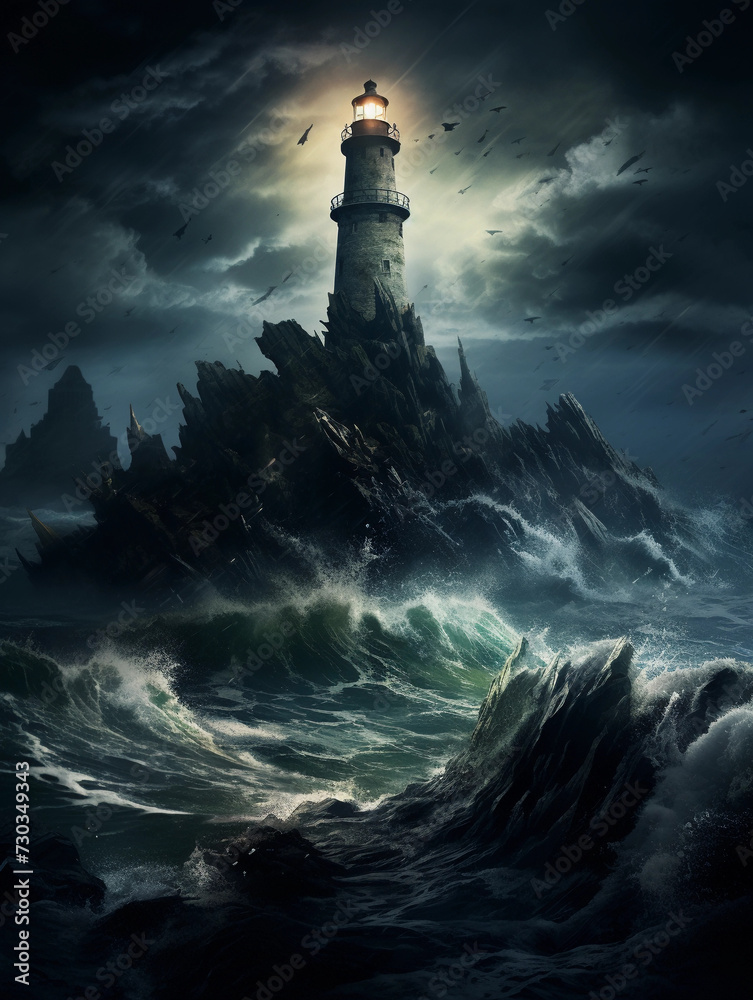 Mysterious haunted lighthouse in a stormy ocean on a tiny rocky island. 