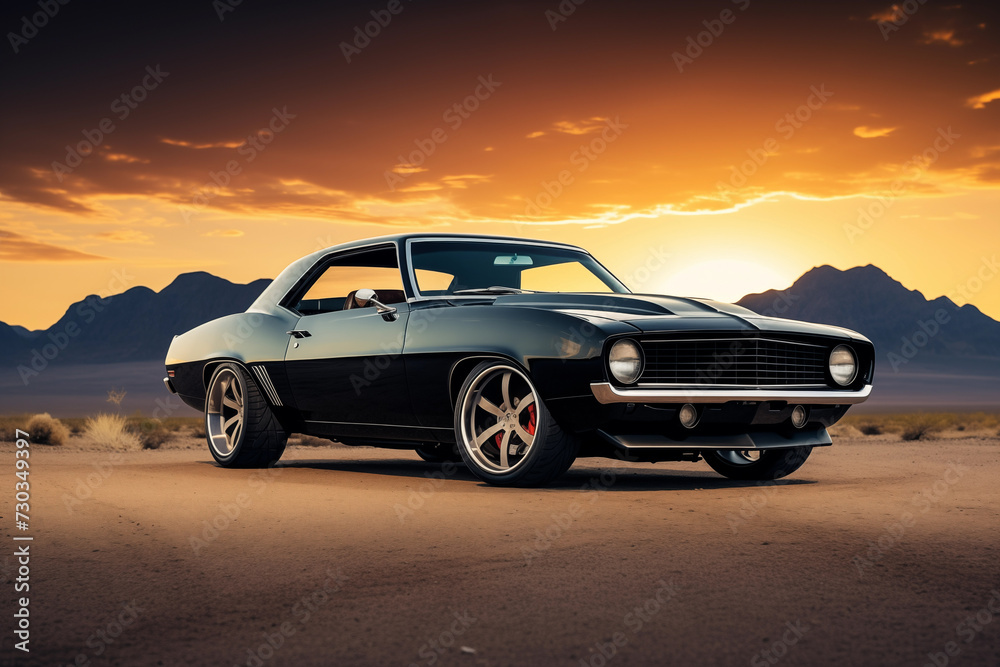 Fototapeta premium Vintage muscle car parked on open road with scenic sunset backdrop. Generative AI