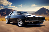 Muscle car parked on open road with scenic backdrop. Generative AI