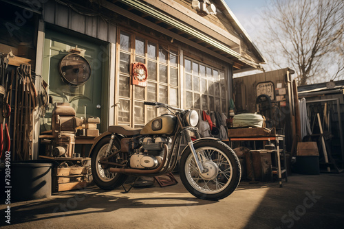 Motorbike parked in front of vintage garage. Generative AI
