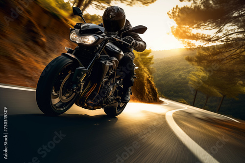 Motorbike leaning into corner on winding road. Generative AI