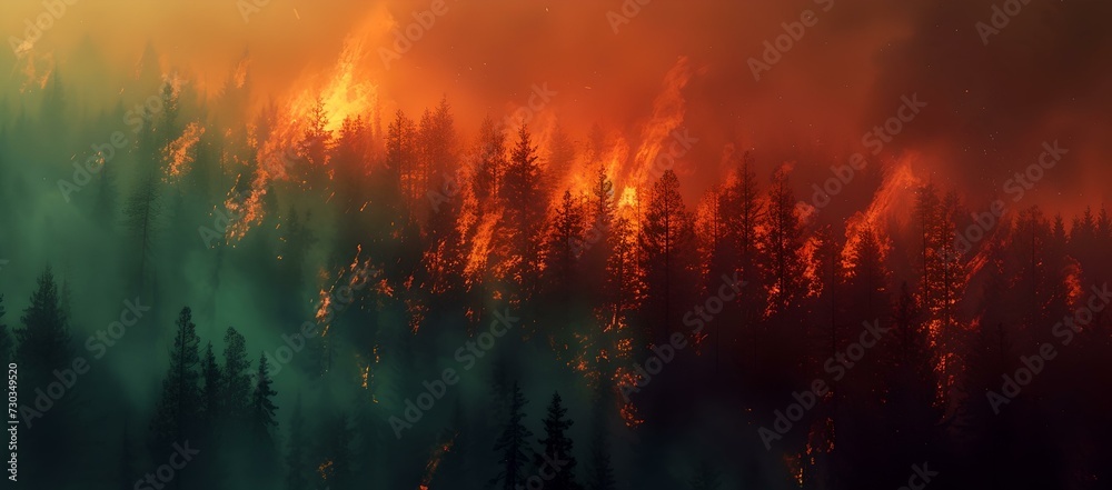 Intense wildfire consuming forest, danger and destruction concept. dramatic and vivid representation of natural disaster. environmental theme. AI Intense wildfire consuming forest, danger and destruction concept. dramatic and vivid representation of natural disaster. environmental theme. AI