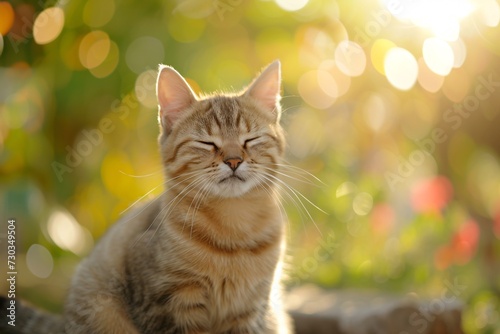 Beautiful kitten, sweetly smiling with joy. Sweet wallpaper, background colored brightly.