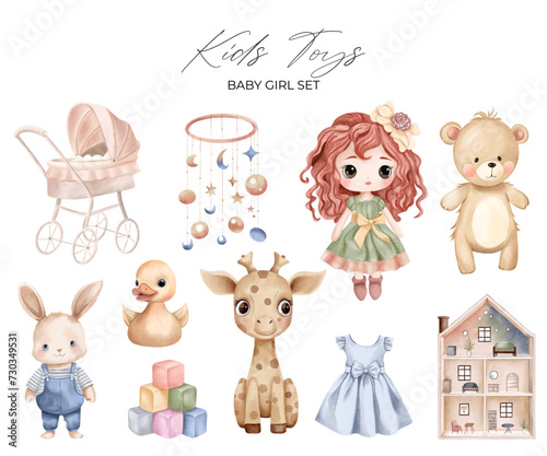 Watercolor toys set. Hand drawn kid toy, puppet house, doll, baby carriage. Childish vector illustration pastel colors.