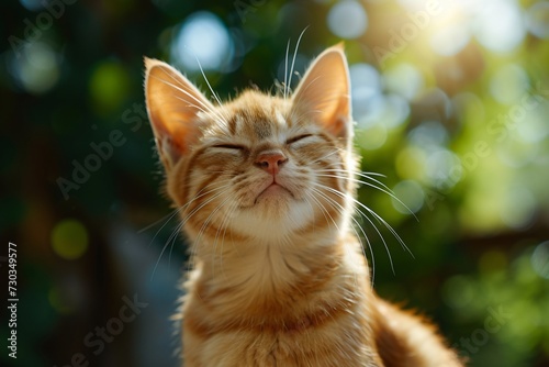 Beautiful kitten, sweetly smiling with joy. Sweet wallpaper, background colored brightly.