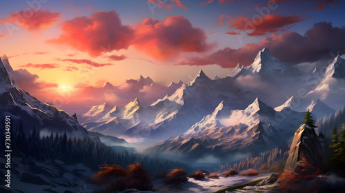 sunset over the mountains,, Majestic sunrise in the winter mountains landscape 