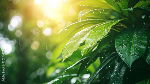 a tropical rain, close-up of green leaves with raindrops, sun rays filtering through, creating a soft, warm glow, gentle and tranquil ambiance, soothing background photo