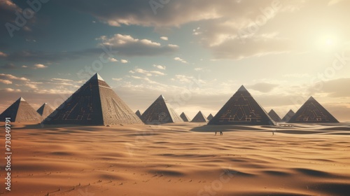 Captivating egyptian pyramids amidst vast desert sands  crafted with artificial intelligence technology