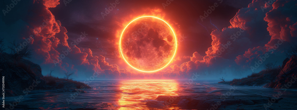 circular vortex surrounded by water and mountains in the background, in the style of glowing 3d objects, photorealistic landscapes, neon, light crimson, atmospheric clouds, tropical landscapes
