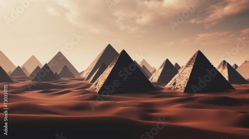 Captivating egyptian pyramids amidst vast desert sands  crafted with artificial intelligence technology