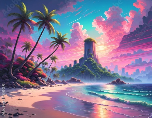 Tropical beach in kitsch colors.