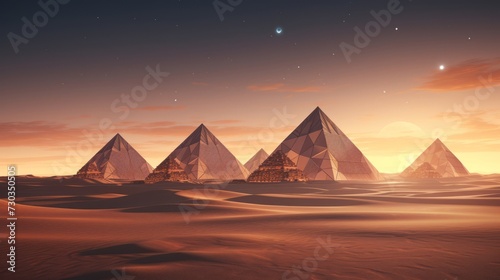 Captivating egyptian pyramids amidst vast desert sands, crafted with artificial intelligence technology