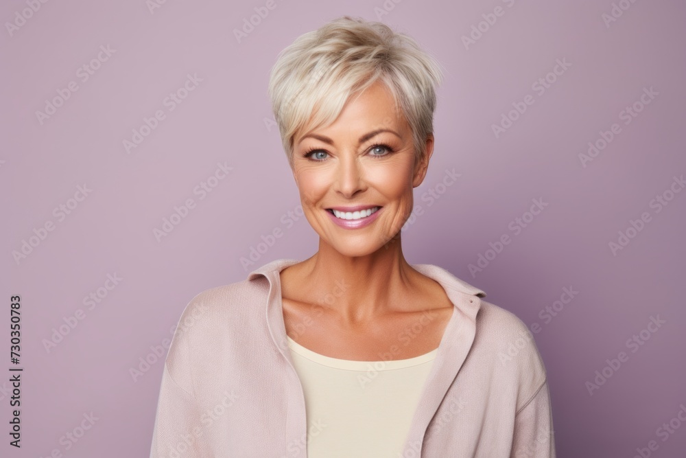 Portrait of a smiling middle aged woman with short blonde hair, isolated on purple background