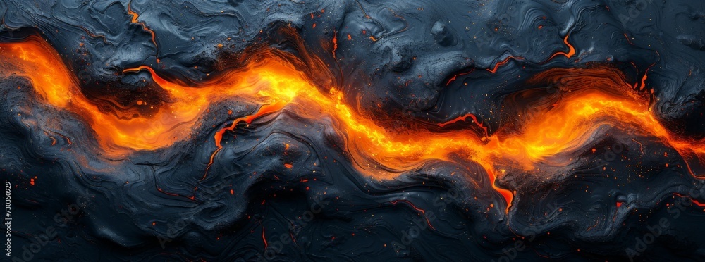 Flowing lava creates stunning visual patterns against dark rock background in volcanic landscape Flowing lava creates stunning visual patterns against dark rock background in volcanic landscape