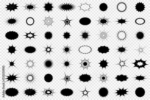 Set of black abstract modern shapes for design. A collection of frames  blots and spots in the form of an explosion  star  web. Fashion stickers  vector.