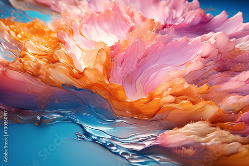 Vibrant explosion of colors, resembling a blooming flower, showcased in a dynamic and textured macro photograph, highlighting intricate details and the interplay of hues.