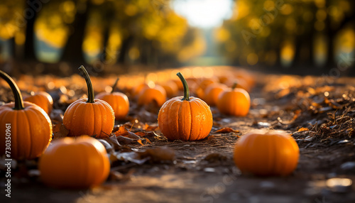 Autumn harvest  pumpkin, gourd, and lantern decorate spooky night generated by AI