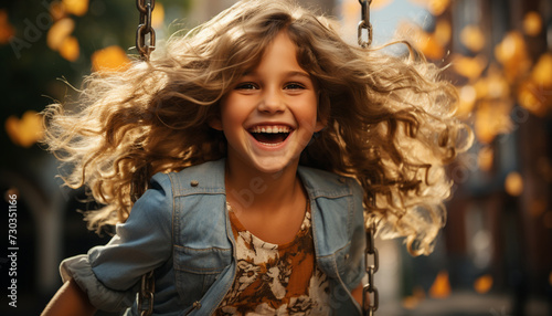 Smiling girl enjoying swing, carefree laughter in nature beauty generated by AI