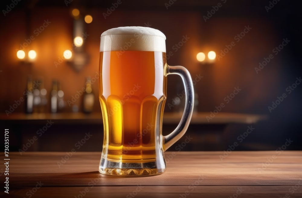 National beer day, world bartender's day, a glass of beer, a foamy drink on the bar counter, the dark atmosphere of the bar on the background